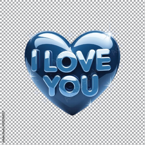 3D blue heart shape with 'I LOVE YOU' text isolated on transparent background.