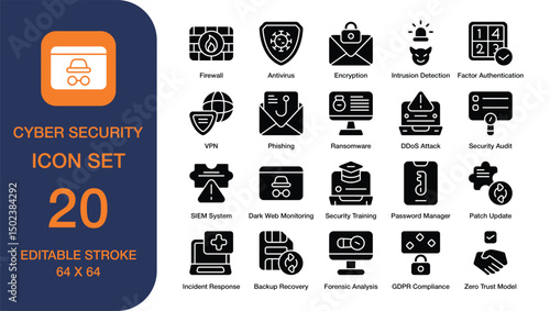 Cyber Security set of web icons in solid style. Containing firewall, antivirus, phishing, ransomware, VPN, DDoS Attack, Encryption, and more. high quality