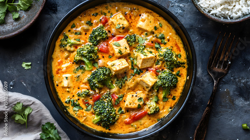 Wallpaper Mural Vibrant tofu and broccoli curry in rich, creamy sauce with tomatoes and herbs, served alongside bowl of rice Torontodigital.ca