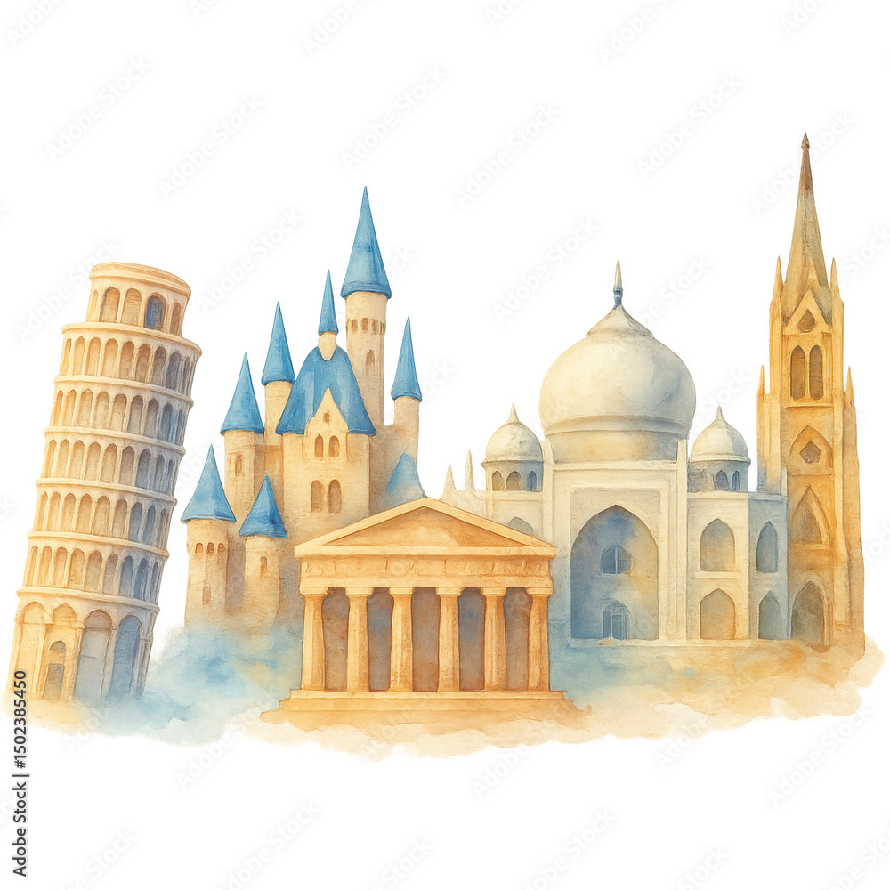 Fototapeta premium Famous landmarks watercolor painting with leaning tower, castle, temple, mosque, and cathedral in soft colors and dreamy style