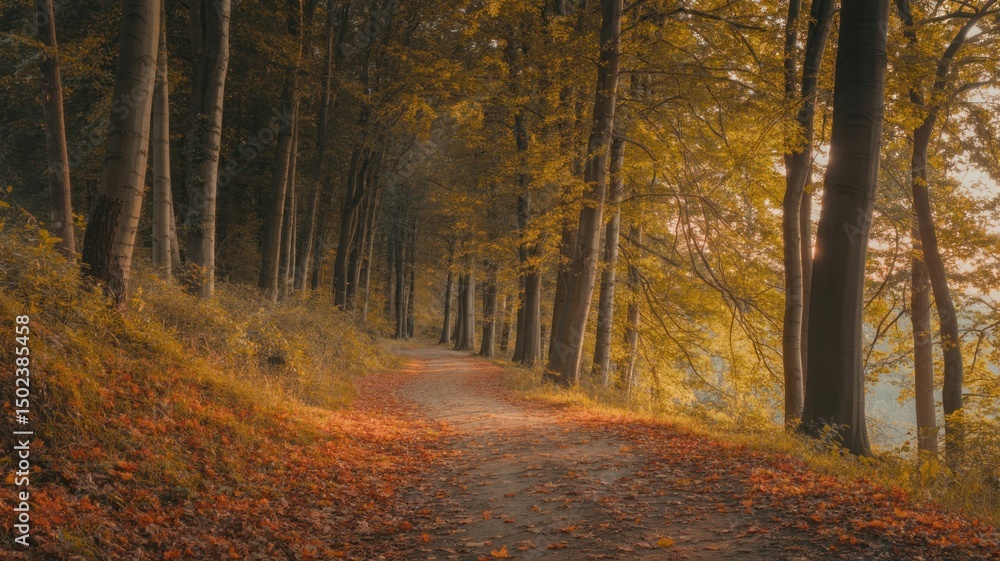 Naklejka premium Tranquil Autumn Morning Along a Leaf-Covered Trail Winding Through a Canopy of Gold