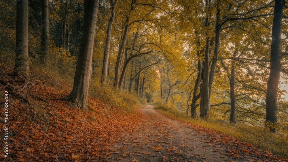 Fototapeta premium A Scenic Woodland Path Draped in Fall Colors, Leading Into the Depths of a Glowing Forest