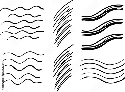 Black Brash Outline vector, Black crayon stroke set - straight, wavy underlines and decorative borders.