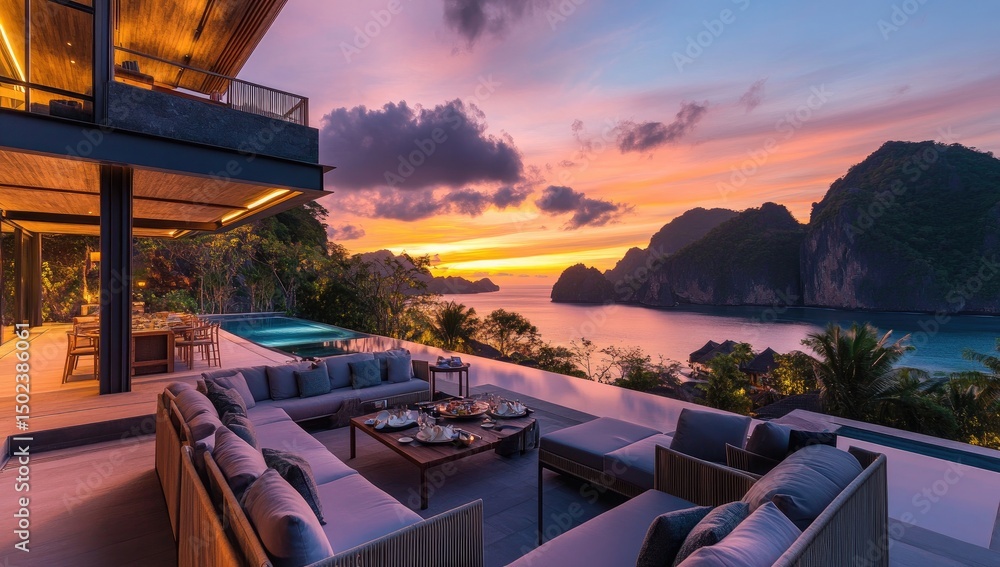Fototapeta premium Luxurious outdoor living area overlooking a stunning sunset