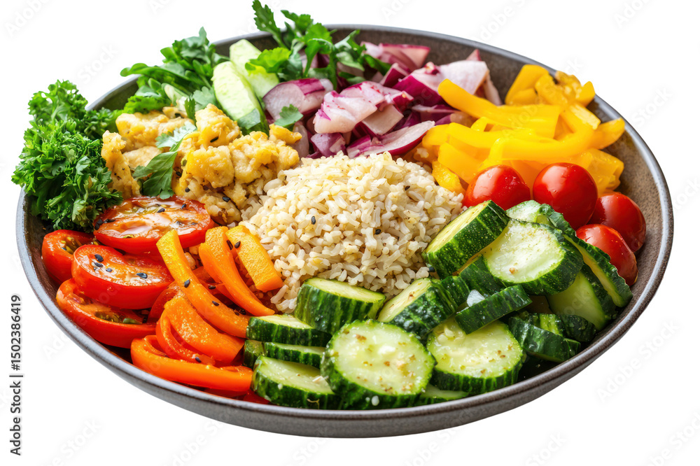 Fresh healthy vegetable salad in a black bowl with quinoa cherry tomatoes cucumbers carrots red onions yellow bell peppers greens and herbs for nutritious meal Fresh healthy vegetable salad in a black bowl with quinoa cherry tomatoes cucumbers carrots red onions yellow bell peppers greens and herbs for nutritious meal