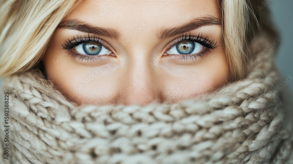 Serene Gaze in Winter Wrap: A close-up shot of a woman with captivating blue eyes, partially obscured by a cozy, textured scarf. Serene Gaze in Winter Wrap: A close-up shot of a woman with captivating blue eyes, partially obscured by a cozy, textured scarf.