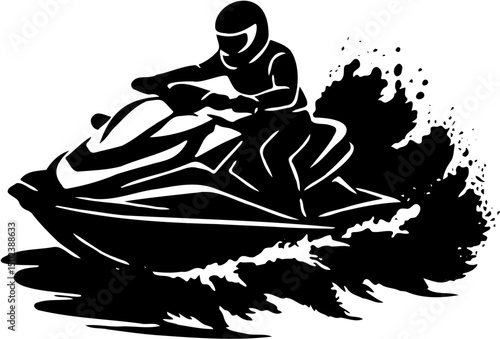 silhouette vector illustration of people riding jetsky, isolated on white