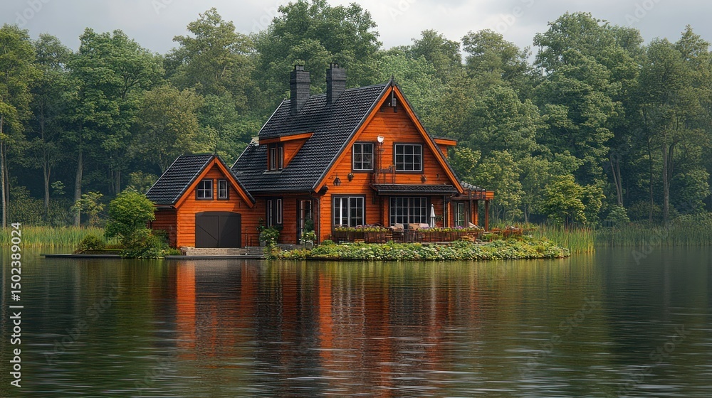 Fototapeta premium Rustic wooden house on an island, calm lake