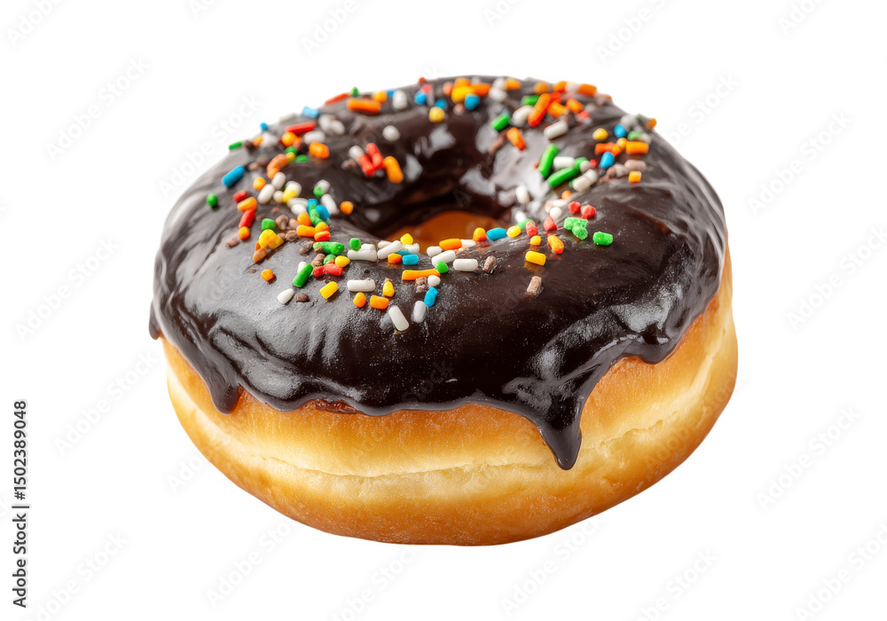 Chocolate Donut with Sprinkles and Glossy Glaze on White Background, On Transparent Background, Png Chocolate Donut with Sprinkles and Glossy Glaze on White Background, On Transparent Background, Png