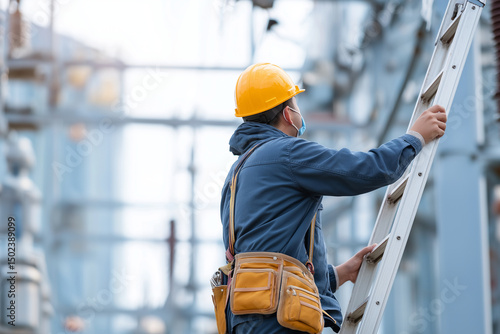  technician worker climbing ladder for inspect or maintenance machine in high voltage electric transformer sub station