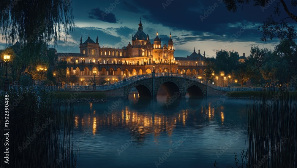 Obraz premium Grand estate at dusk, reflected in still water