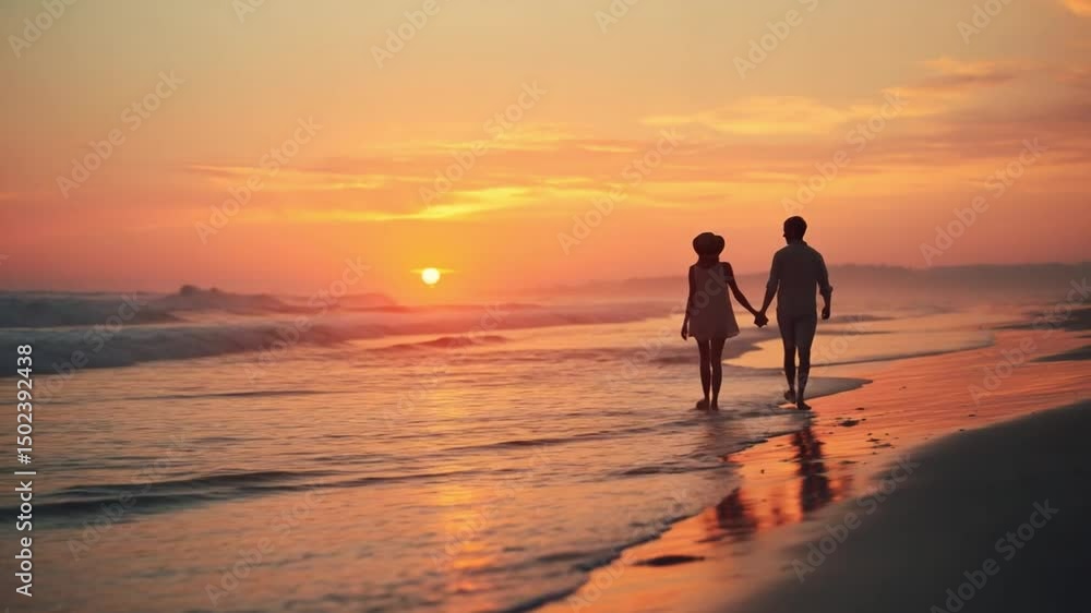 Silhouette Sunset Stroll: Two figures, silhouetted against a breathtaking sunset, stroll hand-in-hand along a serene beach, capturing an embrace of intimacy. Silhouette Sunset Stroll: Two figures, silhouetted against a breathtaking sunset, stroll hand-in-hand along a serene beach, capturing an embrace of intimacy.
