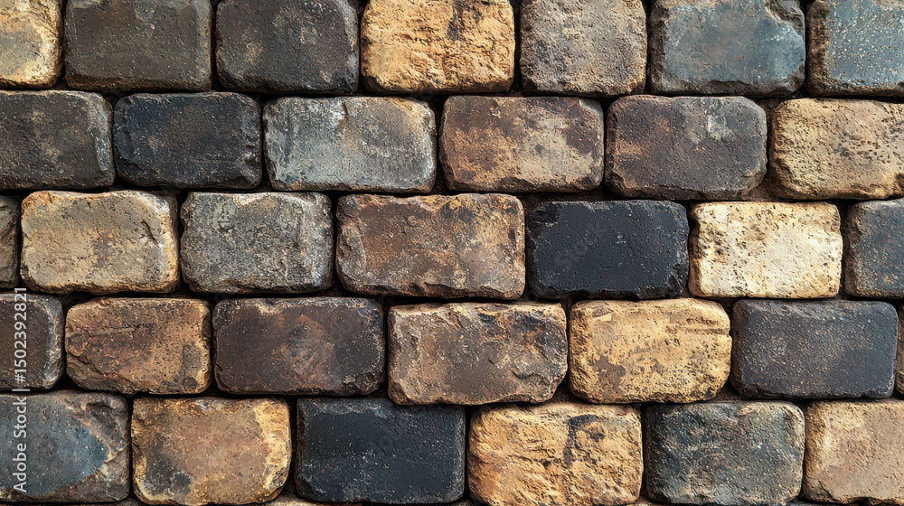 Fototapeta premium Textured brick wall pattern with various shades of brown and gray, providing rustic and warm atmosphere, ideal for backgrounds or design elements