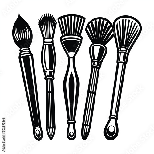 A brush & kitchen cutlery set with isolated metal fork, spoon, and knife utensils on white, decor, simplicity, neat, contemporary, tidy, composition, kitchenware, organization, professional, style