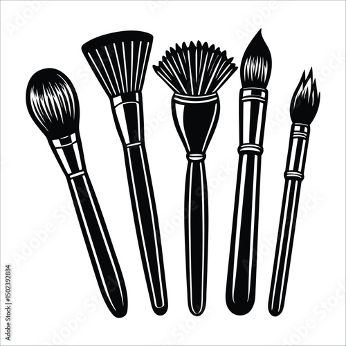 A brush & kitchen cutlery set with isolated metal fork, spoon, and knife utensils on white, decor, simplicity, neat, contemporary, tidy, composition, kitchenware, organization, professional, style