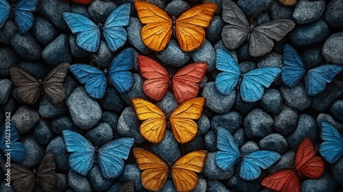 Colorful butterflies on textured stones create vibrant and artistic display, evoking sense of nature beauty and creativity