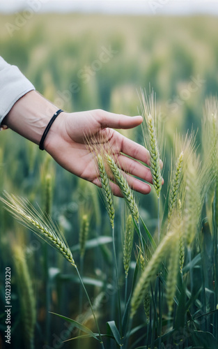 Hand Touching Wheat in a Field