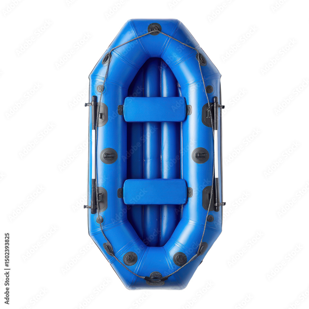 Fototapeta premium Blue inflatable rafting boat with seats, top view isolated on transparent background