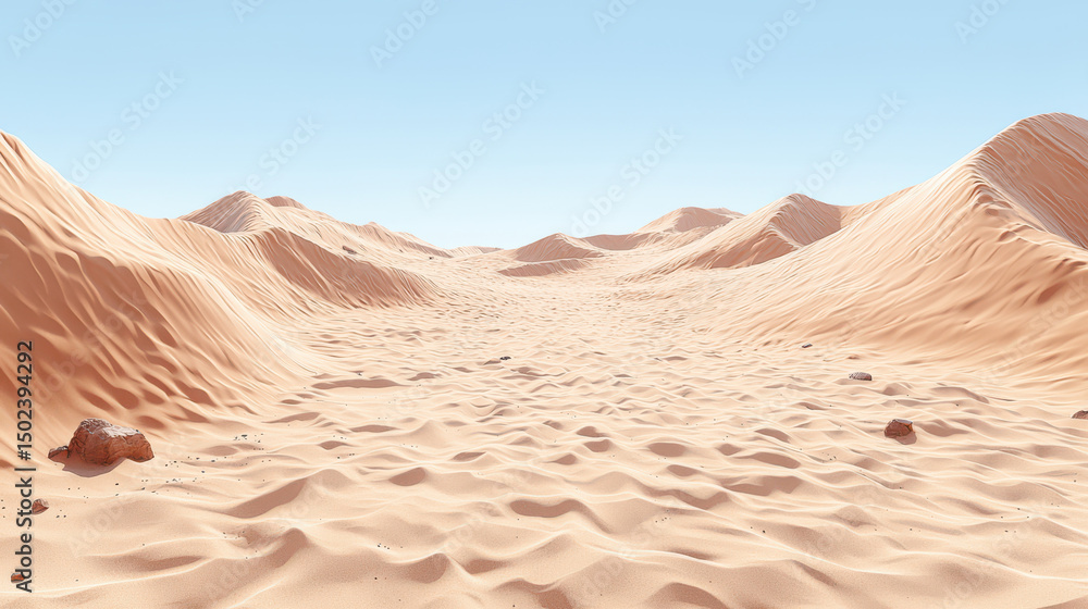 Naklejka premium Vast desert landscape featuring soft, undulating sand dunes under clear blue sky, creating serene and tranquil atmosphere