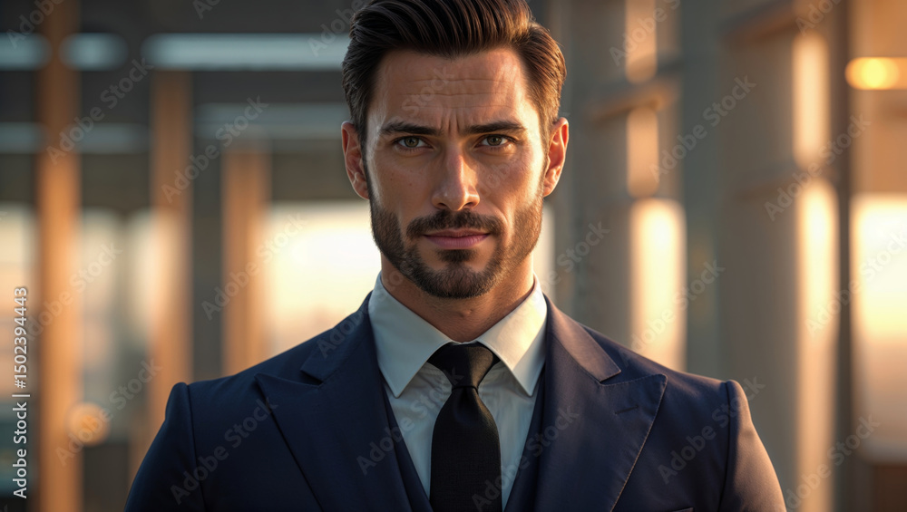 A distinguished businessman in a tailored suit confidently gazing at the camera. A distinguished businessman in a tailored suit confidently gazing at the camera.