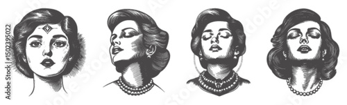 Vintage Style Engraving of Elegant Women with Jewelry and Grace