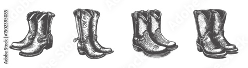 Vintage Engraved Cowboy Boots Collection in Detailed Illustration