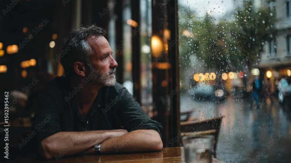 Contemplative Moment by the Window: A man gazes out of a rain-streaked window in a dimly lit cafe, lost in thought as raindrops cascade down the glass and obscure the bustling cityscape outside. Contemplative Moment by the Window: A man gazes out of a rain-streaked window in a dimly lit cafe, lost in thought as raindrops cascade down the glass and obscure the bustling cityscape outside.