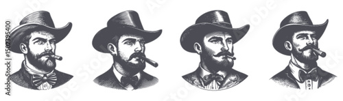 Vintage Engraving of Four Stylish Men with Hats and Cigars