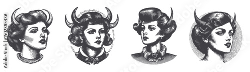 Vintage Engraving of Elegant Women Portraits with Horned Hairstyles