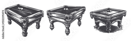 Detailed Engraving of Vintage Billiard Tables in Black and White