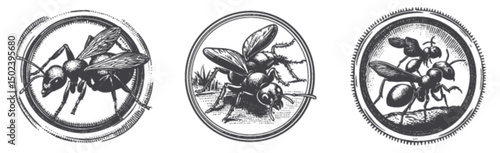 Detailed Engraved Ant Illustrations in Circular Frames for Design