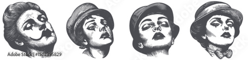 Vintage Engraving of Four Elegant Women with Hats and Expressions