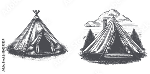 Detailed Engraving of Camping Tents with Natural Surroundings