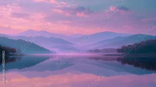 Wallpaper Mural A peaceful lake reflects layers of misty mountains and a pastel-colored sky at sunset or sunrise. Torontodigital.ca