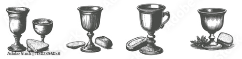 Vintage Engravings of Ornate Cups and Bread Illustrations