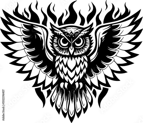 Owl tattoo design in SVG format. Black and White Owl with Flames Artwork Design Concept