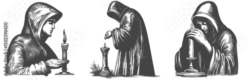 Somber Monk Candlelight Engravings in Black and White Styles