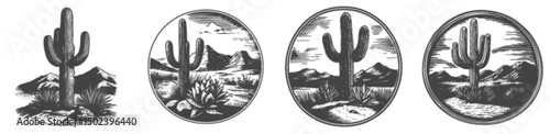 Vintage Engraving of Cacti in Black and White Line Art Style