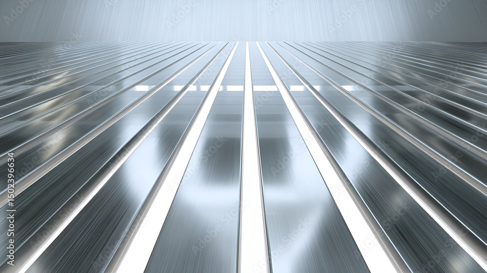 Obraz premium Symmetrical polished steel surface with bright linear lights creating futuristic abstraction