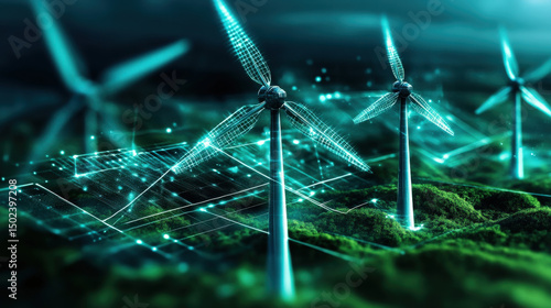 Futuristic wind turbines spin in digital landscape, symbolizing transition to zero carbon economy. scene is vibrant and innovative, highlighting renewable energy