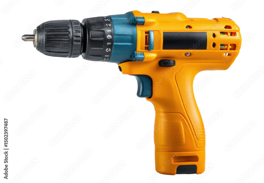Yellow cordless power drill with black grip isolated on transparent background
Yellow cordless power drill with black grip isolated on transparent background