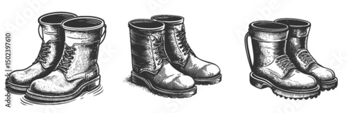 Detailed Engraving of Vintage Work Boots in Black and White Style