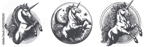 Vintage Unicorn Engravings with Celestial and Floral Elements