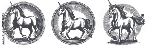 Detailed Engraving and Linocut Illustrations of Unicorns