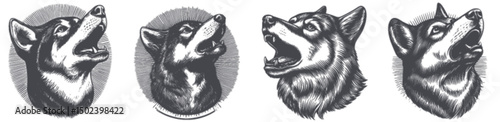 Engraved Illustrations of Howling Dogs in Vintage Style Artwork