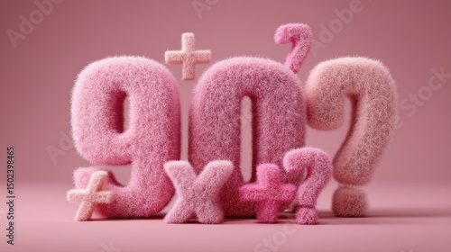 Fluffy pink numbers 90 with math symbols and question marks