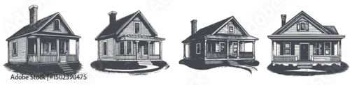 Vintage Engravings of Four Distinct Architectural House Styles