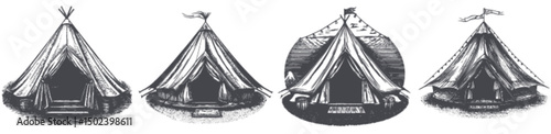 Vintage Camping Tents Engraving and Linocut Vector Illustration