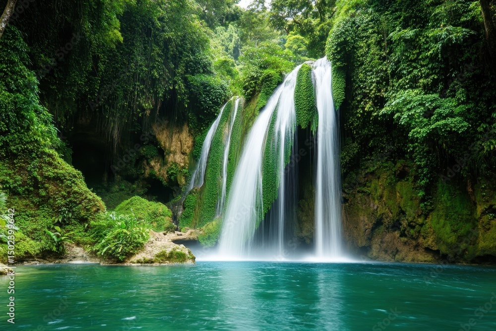 Majestic waterfall surrounded by lush green forest in vibrant landscape, Waterfall in green lush forest Majestic waterfall surrounded by lush green forest in vibrant landscape, Waterfall in green lush forest
