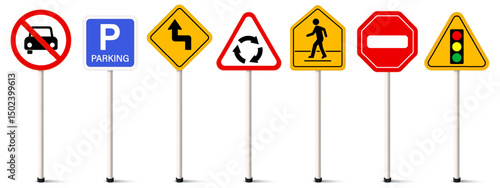 Set of road signs. Traffic signs. No parking, Parking, left reverse turn, roundabout ahead, Pedestrian, Stop, Traffic light symbol. Street symbol.